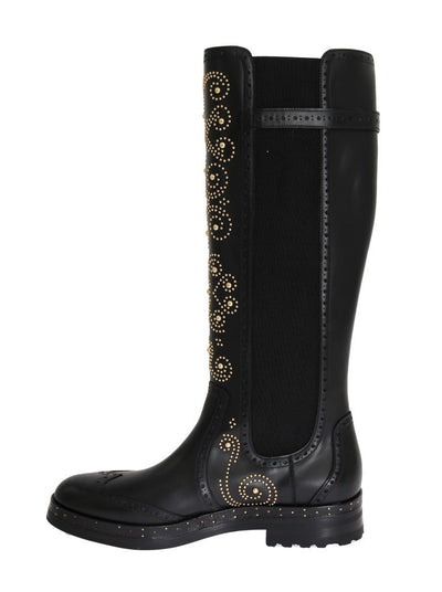Black Ricamo Logo Leather Boots