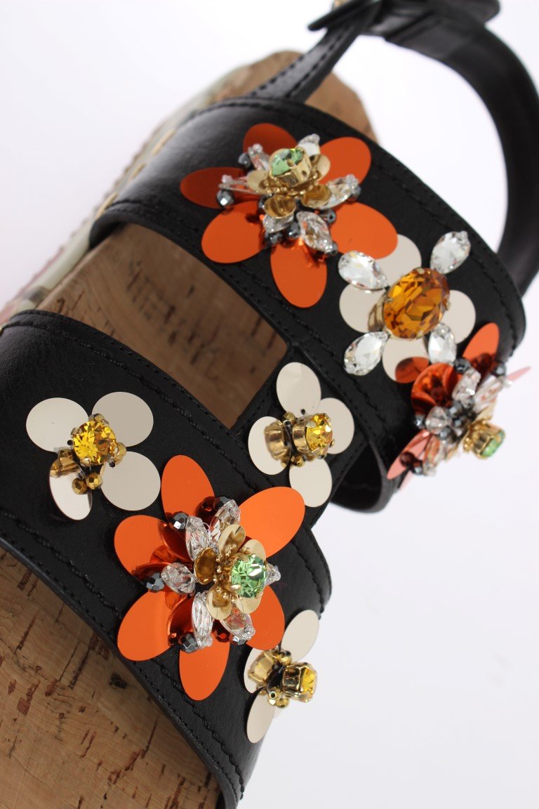 Black Leather Orange Crystal Sandals