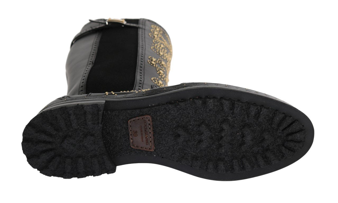 Black Ricamo Logo Leather Boots