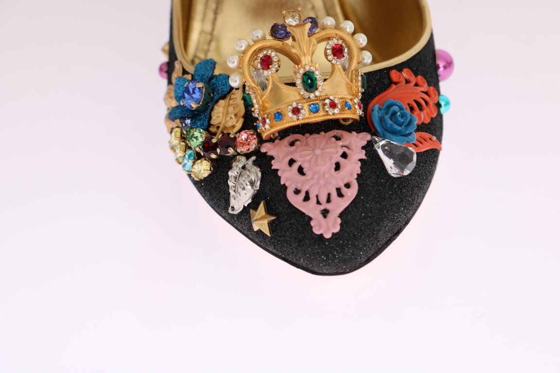Black Glitter Leather Crystal Crown Pumps