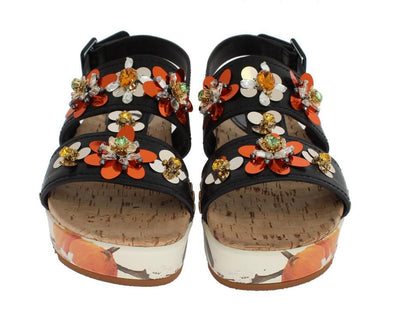Black Leather Orange Crystal Sandals