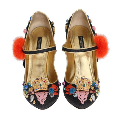 Black Glitter Leather Crystal Crown Pumps