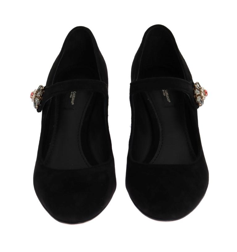 Black Suede Crystal Mary Janes Pumps
