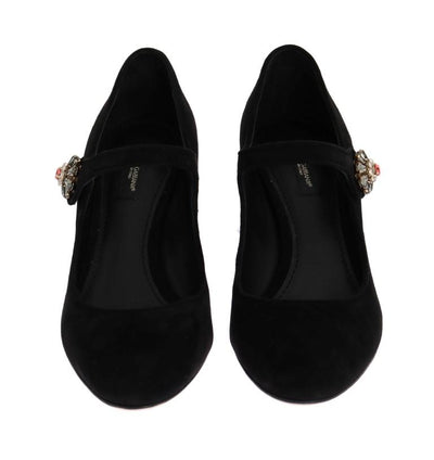 Black Suede Crystal Mary Janes Pumps