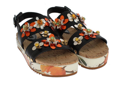 Black Leather Orange Crystal Sandals
