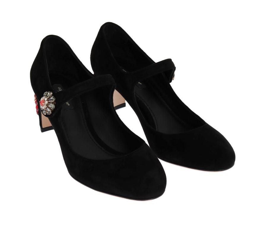 Black Suede Crystal Mary Janes Pumps