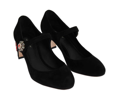 Black Suede Crystal Mary Janes Pumps