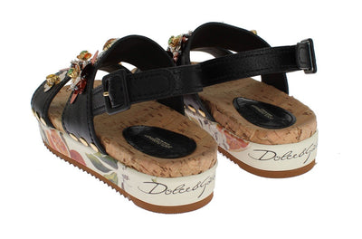 Black Leather Orange Crystal Sandals