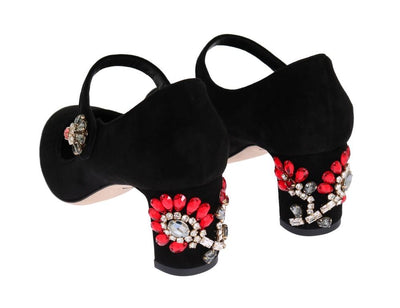 Black Suede Crystal Mary Janes Pumps