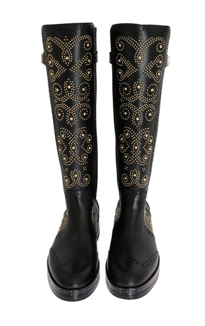 Black Ricamo Logo Leather Boots