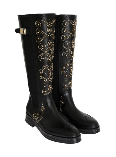 Black Ricamo Logo Leather Boots