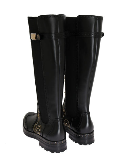 Black Ricamo Logo Leather Boots