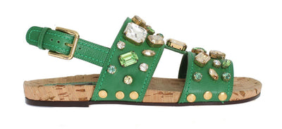 Green Leather Crystal Flat Sandals