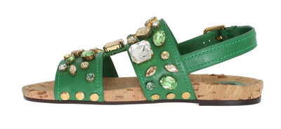 Green Leather Crystal Flat Sandals