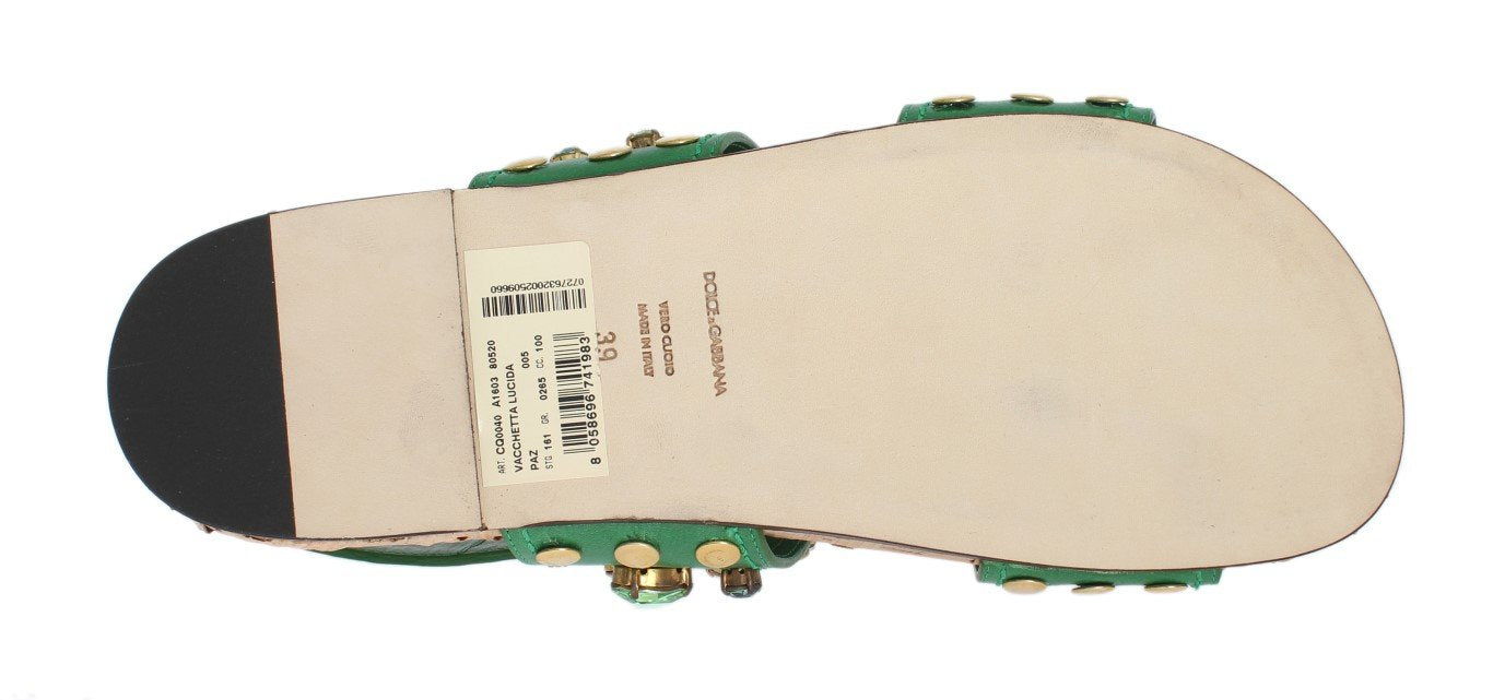 Green Leather Crystal Flat Sandals