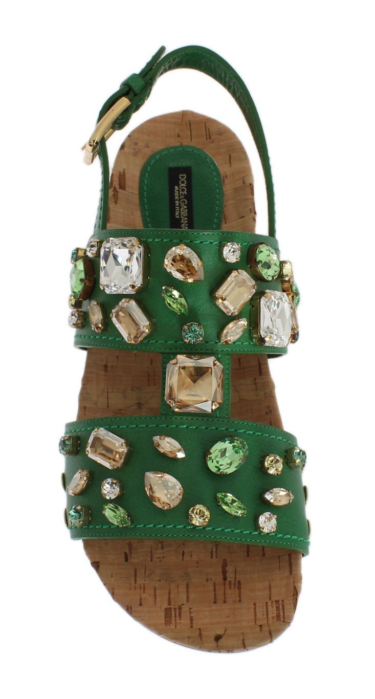 Green Leather Crystal Flat Sandals