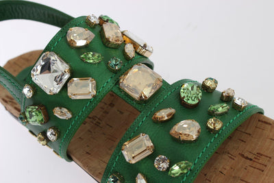 Green Leather Crystal Flat Sandals