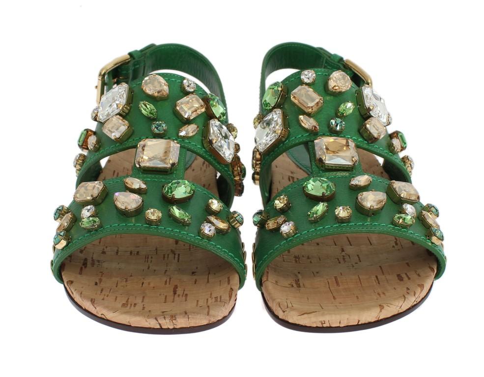 Green Leather Crystal Flat Sandals