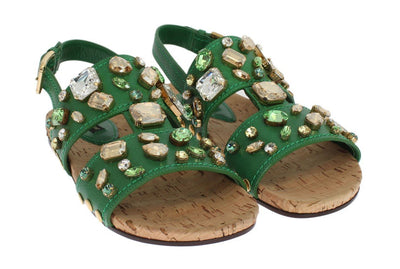 Green Leather Crystal Flat Sandals