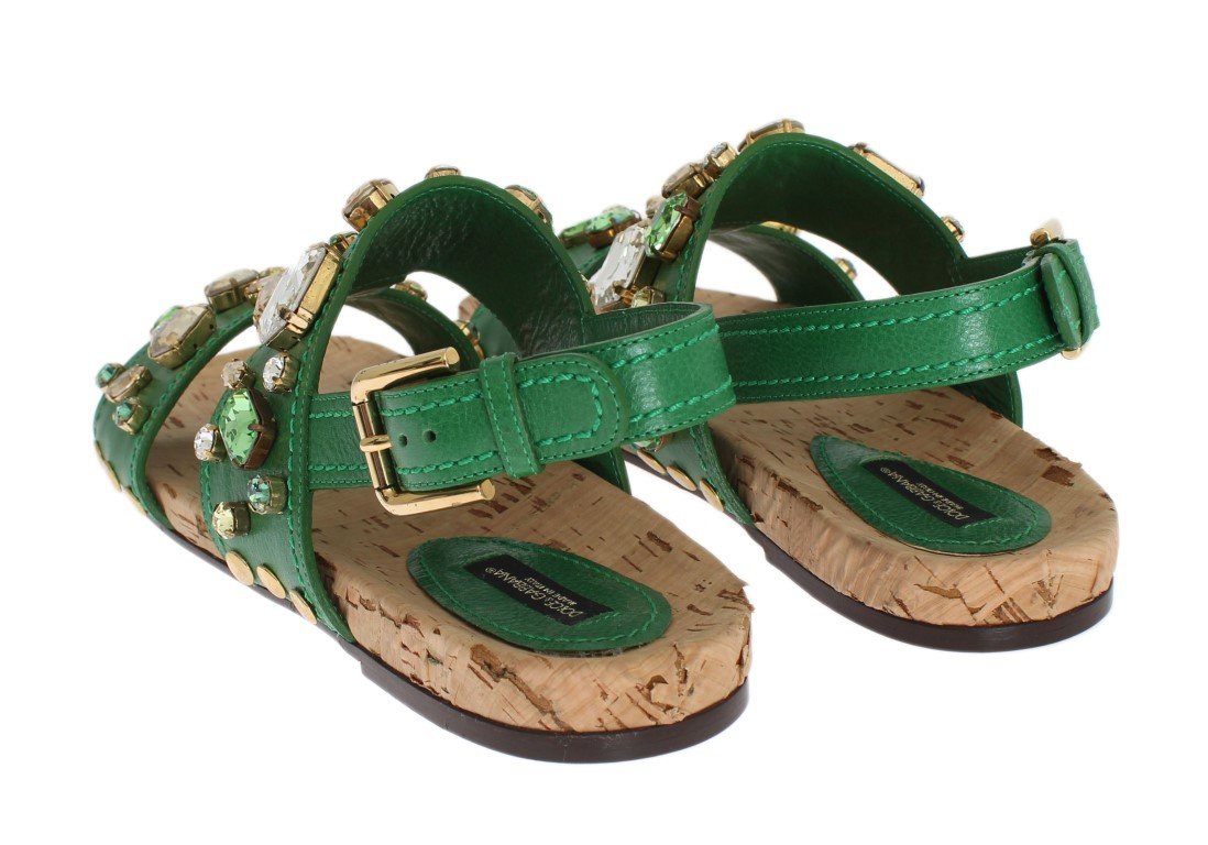Green Leather Crystal Flat Sandals