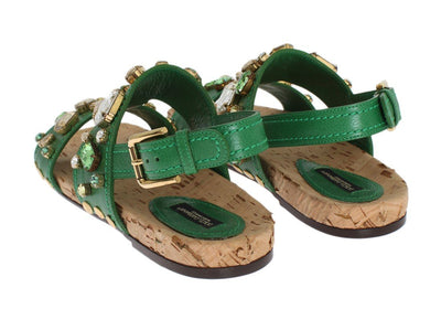 Green Leather Crystal Flat Sandals