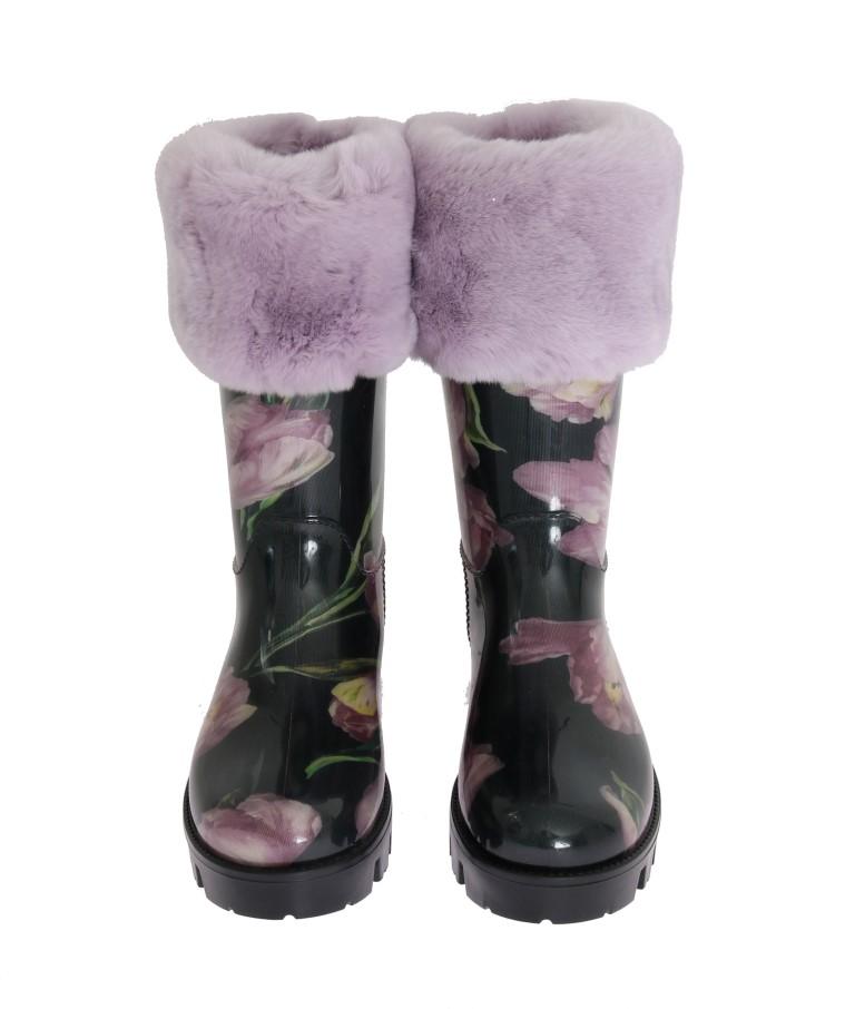 Purple Fur Tulip Print Rubber Boots