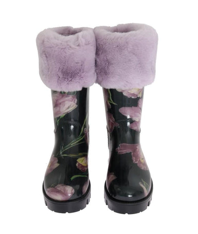 Purple Fur Tulip Print Rubber Boots