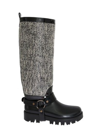 Black White Woven Rubber Boots