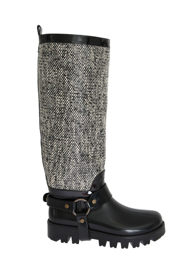 Black White Woven Rubber Boots