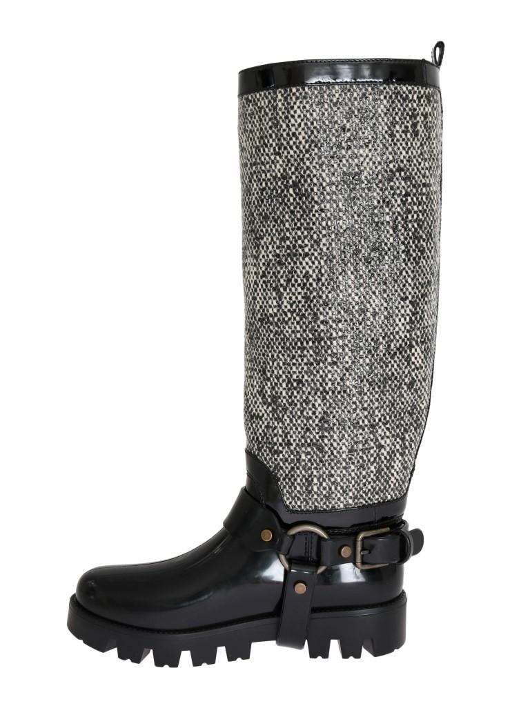 Black White Woven Rubber Boots