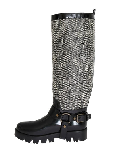 Black White Woven Rubber Boots