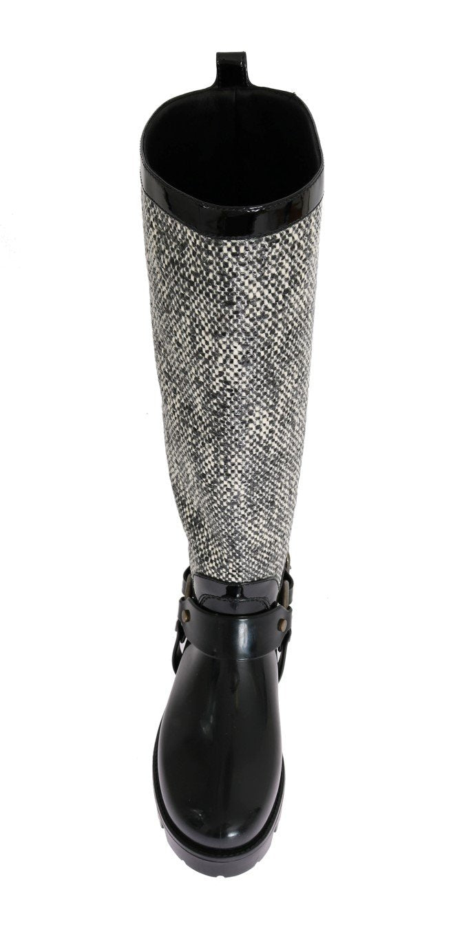 Black White Woven Rubber Boots