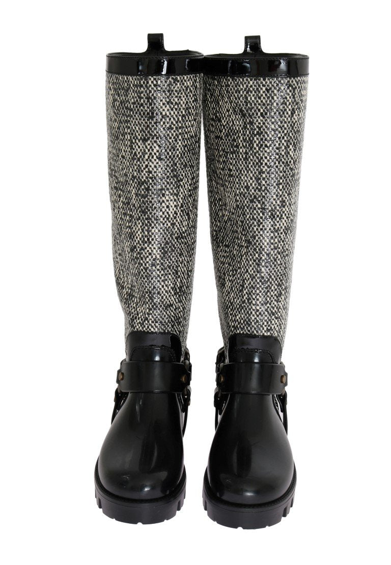 Black White Woven Rubber Boots