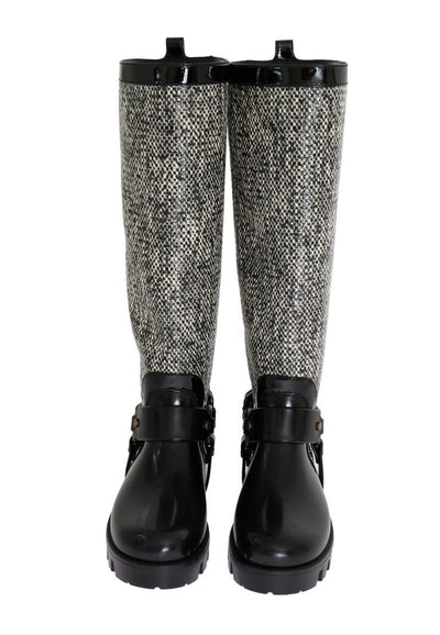 Black White Woven Rubber Boots