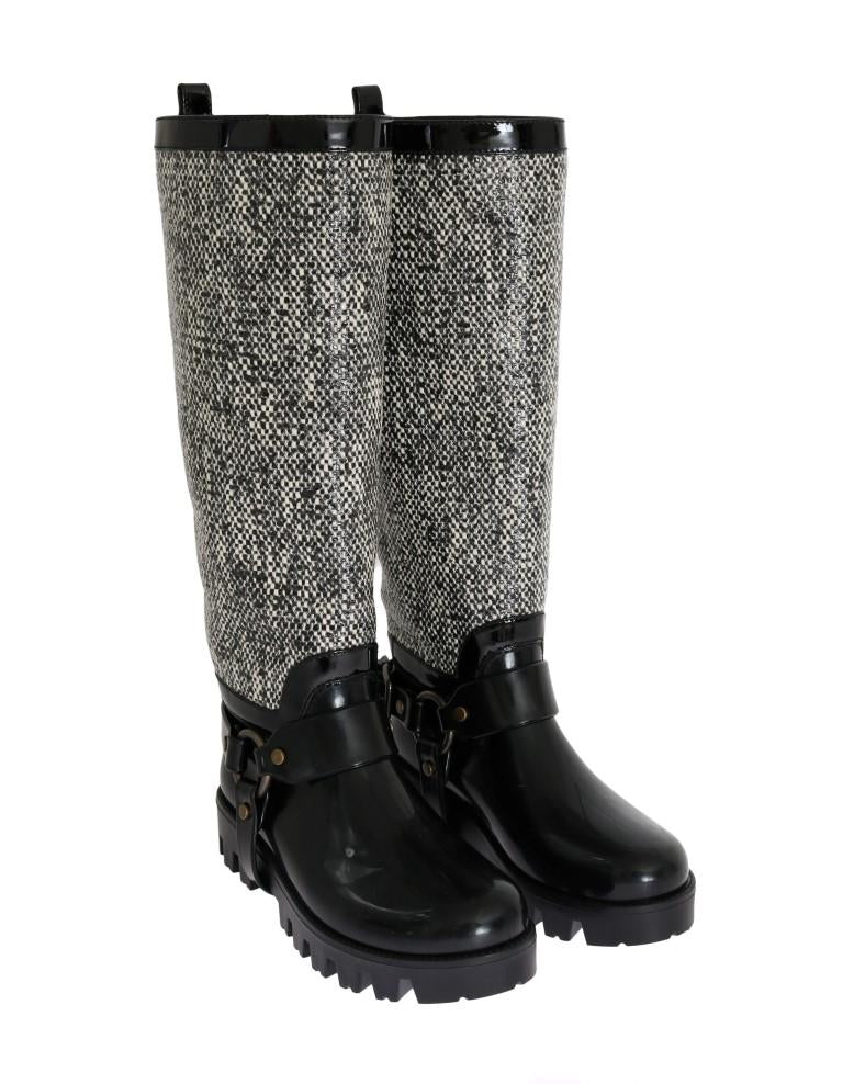 Black White Woven Rubber Boots