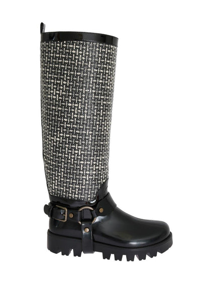 Black White Woven Rubber Boots