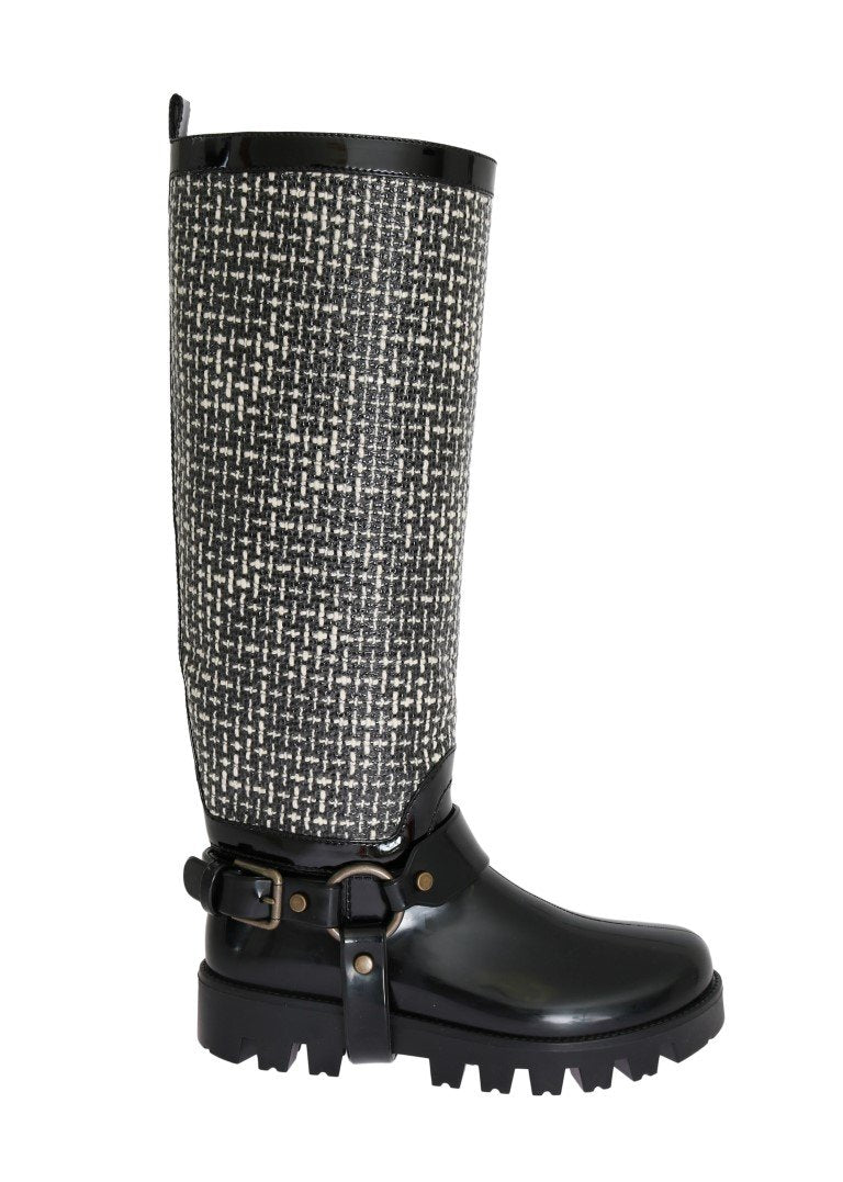 Black White Woven Rubber Boots