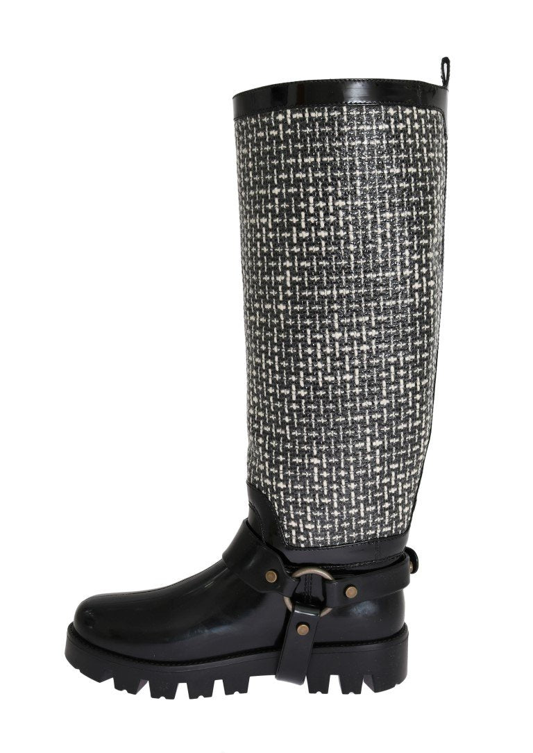 Black White Woven Rubber Boots