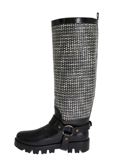Black White Woven Rubber Boots