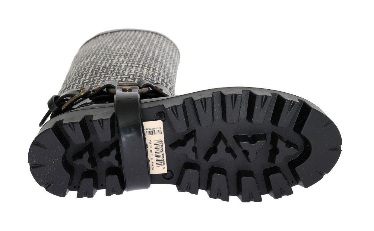 Black White Woven Rubber Boots