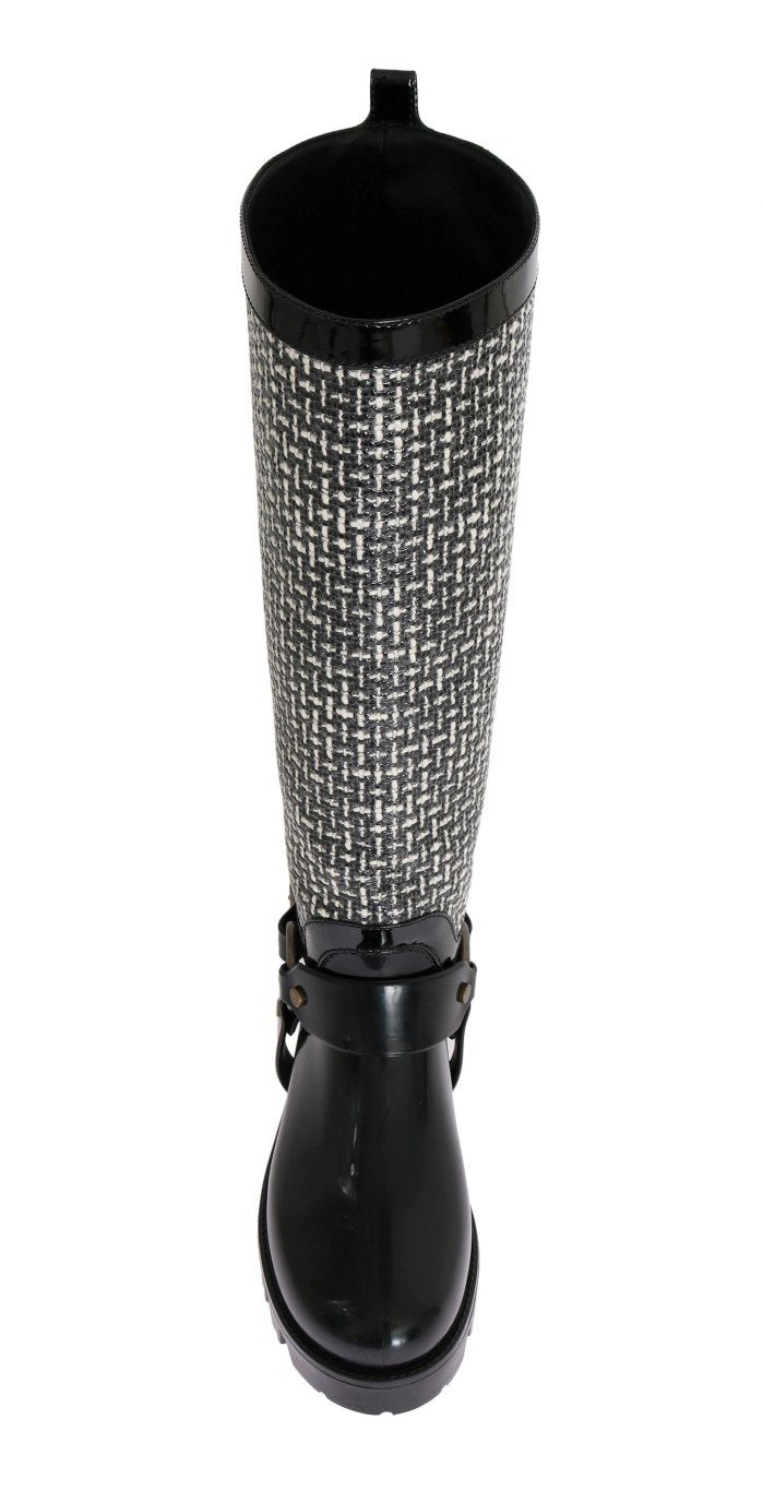 Black White Woven Rubber Boots