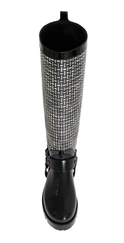 Black White Woven Rubber Boots