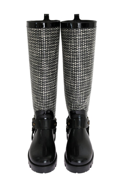 Black White Woven Rubber Boots