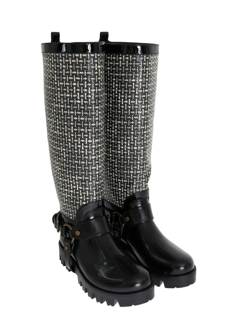 Black White Woven Rubber Boots