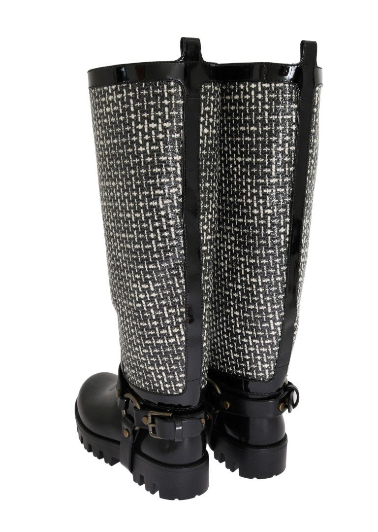 Black White Woven Rubber Boots