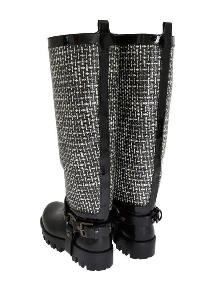 Black White Woven Rubber Boots