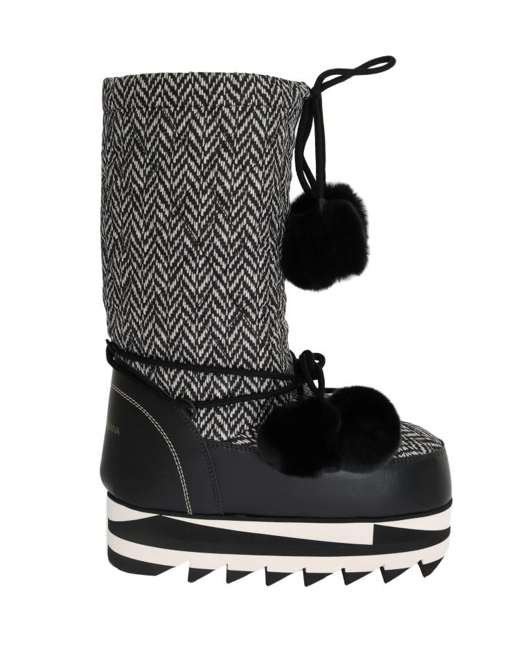 Black White Woven Leather Boots