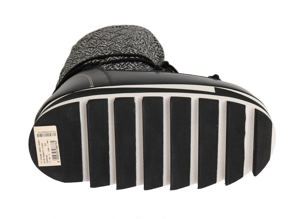 Black White Woven Leather Boots
