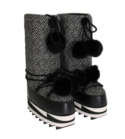 Black White Woven Leather Boots