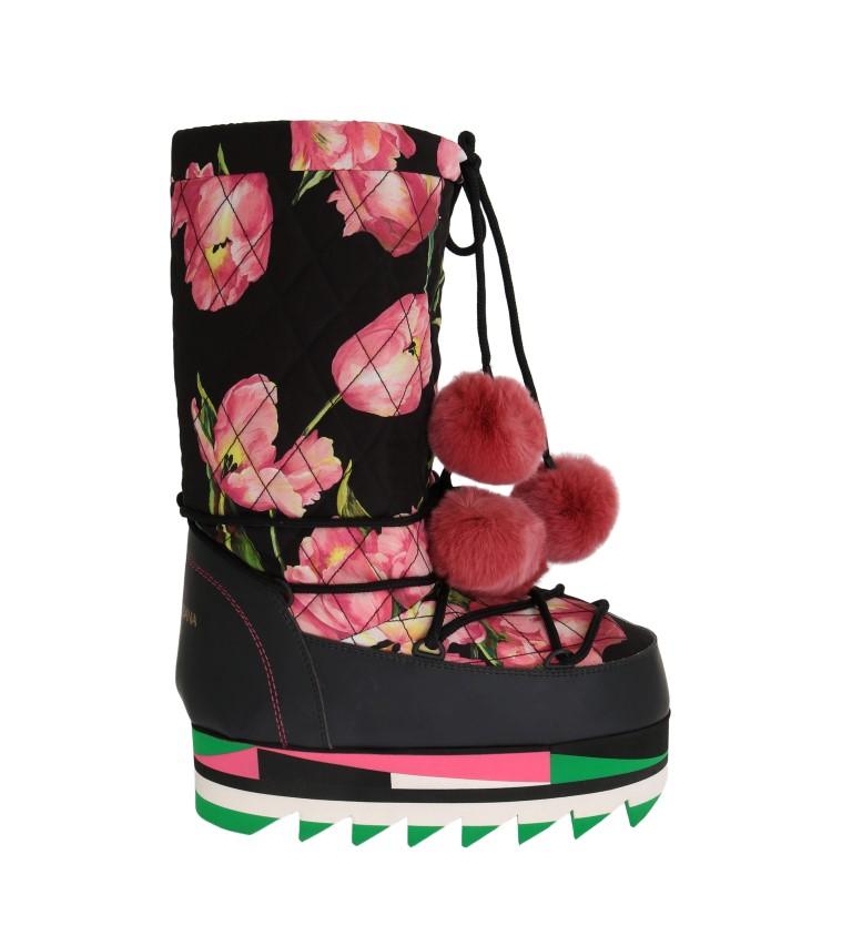Pink Tulip Print Nylon Leather Boots